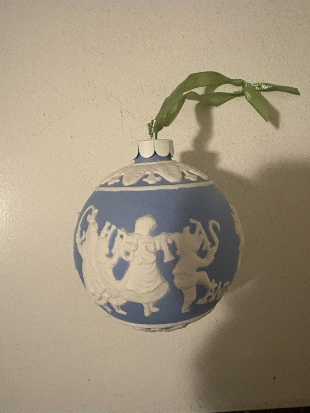 Wedgwood Blue and White Jasperware Holiday Ornament with Green Ribbon